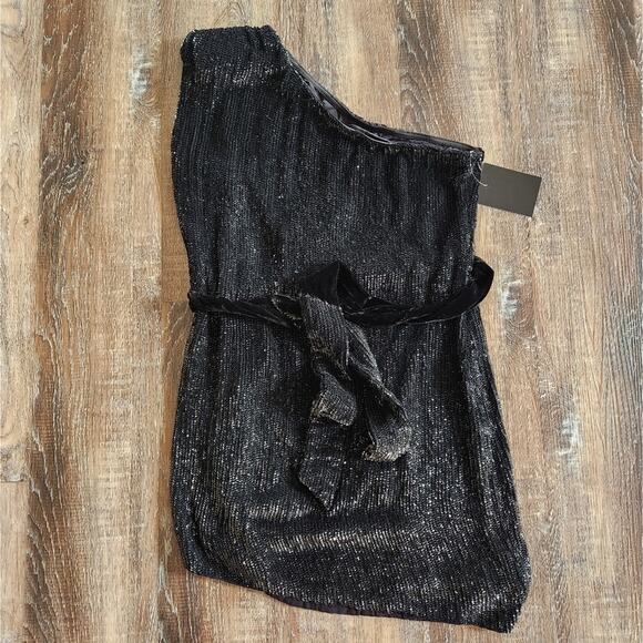 Retrofete Ella Sequin Dress Black One Shoulder Size XL NWT Sleeveless Mini - Picture 3 of 12